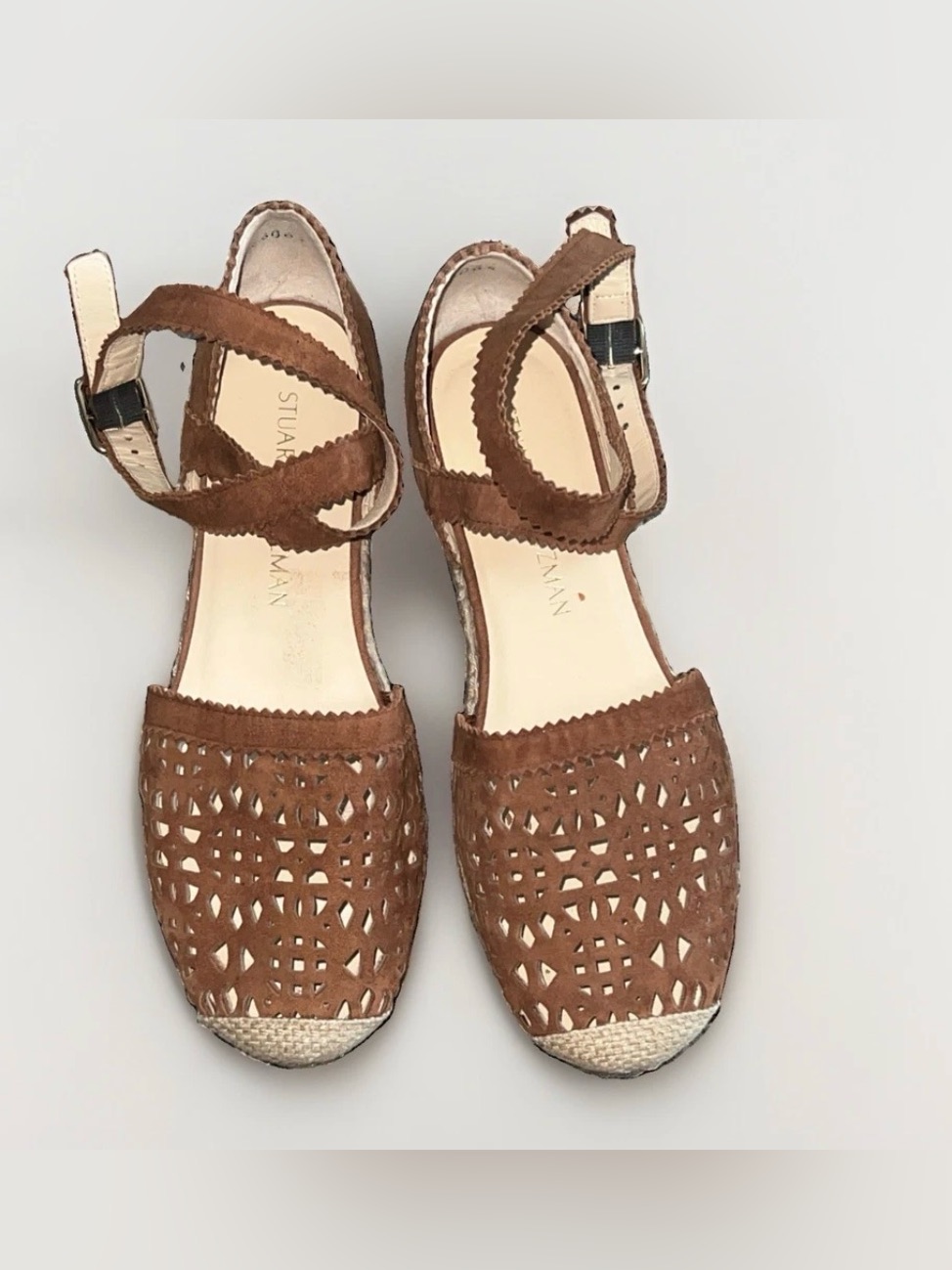 Stuart Weitzman Brown Suede Laser-Cut Espadrille Sandals